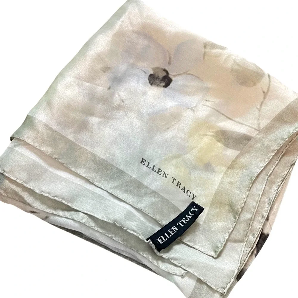 Ellen Tracy Scarf Women Gray Floral Watercolor 100% Silk Square Elegant Classic